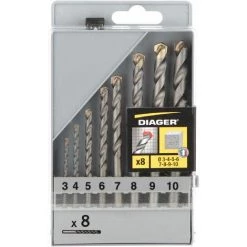 DIAGER Coffret 8 Forets Béton Flash Attachement Cylindrique Diamètre 3,4,5,6,7,8,9,10mm